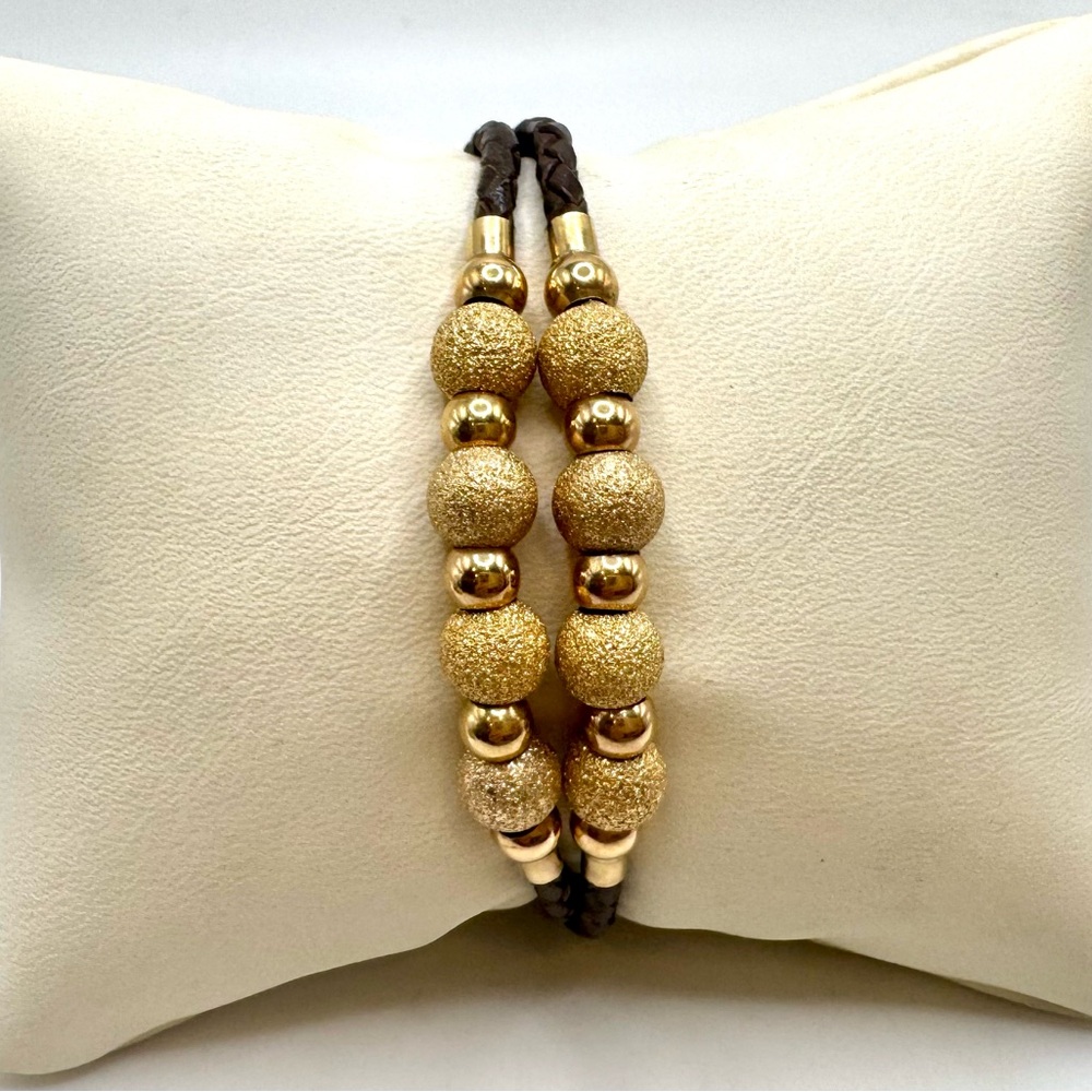 JCM 14K Yellow Gold Bead And Brown Leather 2 Row Bracelet